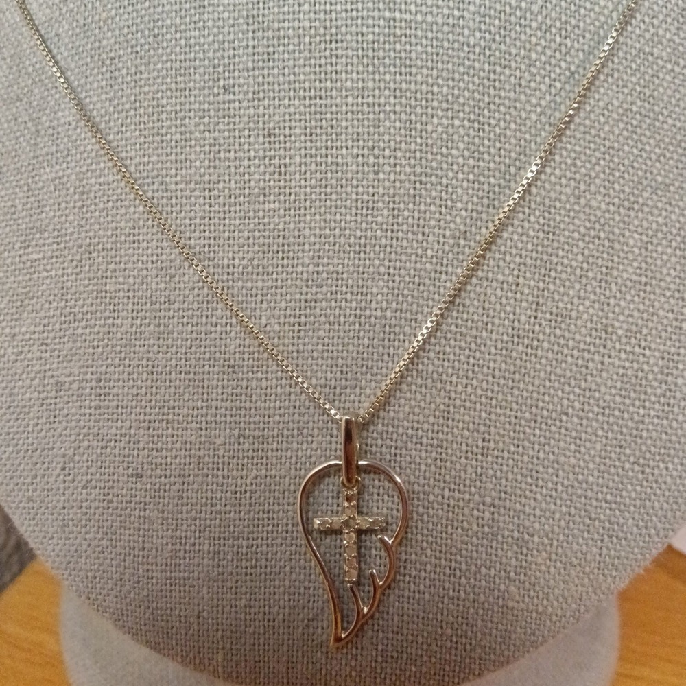 Silver Diamond Feather Cross Necklace OW CW Italy